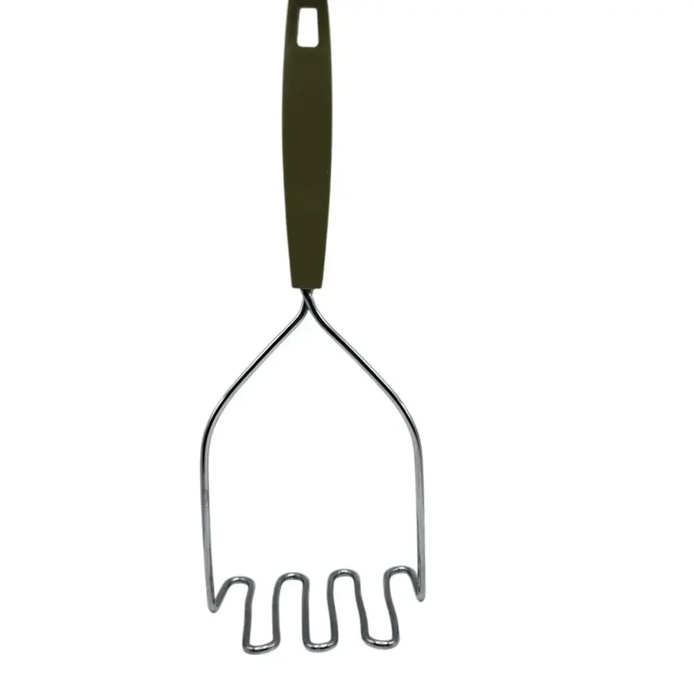 Vintage MCM Stainless Steel Potato Masher with Avocado Green Handle 60's 70's